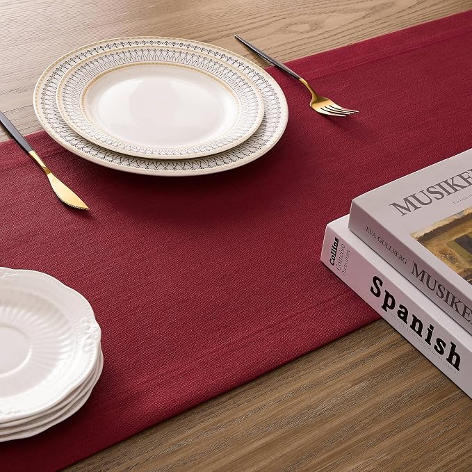 Linen Textured Border Table Runner, 14 x 60 Inch Red | Mitered Corner Design - Image 5