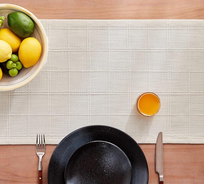Linen Checked Farmhouse Table Runner, 13x60 Inches Ivory | Raised Grid Design - Image 7