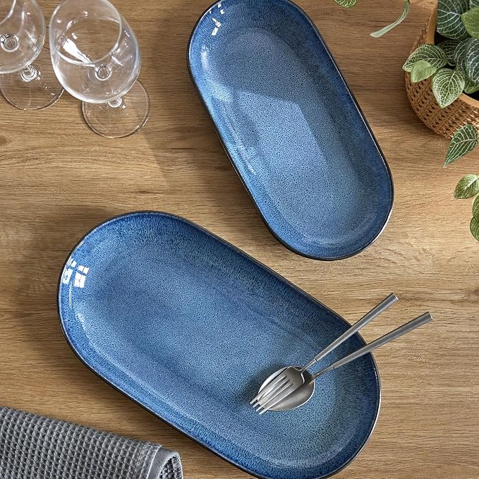SANGO Resona Blue Serving Platters Set of 2, 14/12 Inch Stoneware Serving Dishes - Image 2