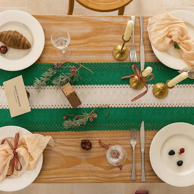 Keketoarrange Christmas Green Boho Table Runner 12x60 Inch | Woven Burlap - Image 3
