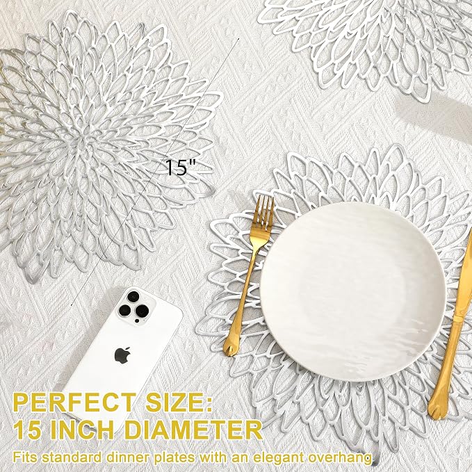 Set of 6 Round Placemats Silver, Heat-Resistant PVC Table Mats - Image 4