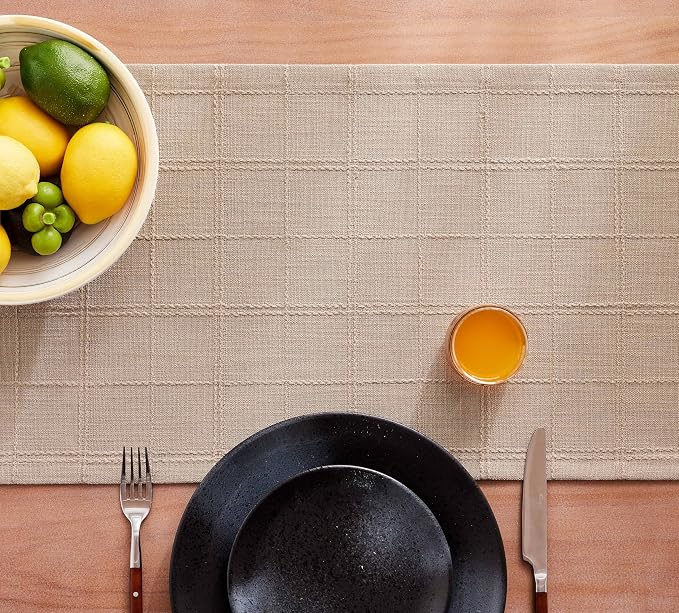 Linen Checked Farmhouse Table Runner, 13x90 Inches Taupe | Raised Grid Design - Image 7