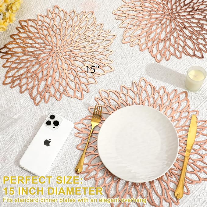 Set of 12 Round Placemats Rose Gold, Heat-Resistant PVC Table Mats - Image 4