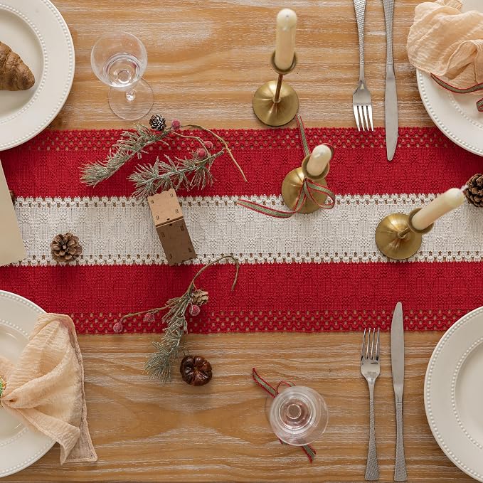 Keketoarrange Christmas Red Boho Table Runner 12x72 Inch | Woven Burlap - Image 3