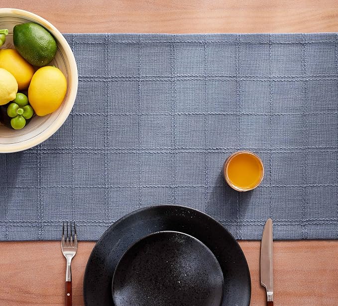 Linen Checked Farmhouse Table Runner, 13x90 Inches Blue | Raised Grid Design - Image 7