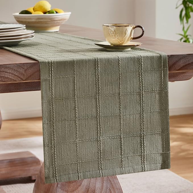 Linen Checked Farmhouse Table Runner, 13x72 Inches Olive | Raised Grid Design - Image 4