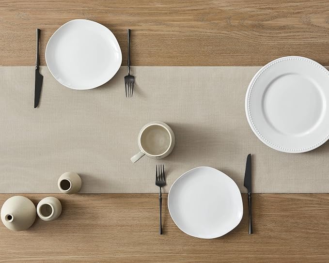 Linen Textured Border Table Runner, 14 x 108 Inch Natural | Mitered Corner - Image 4