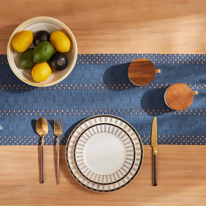 Macrame Style Boho Table Runner, 12x72 Inch Dusty Blue | Woven Boho Table Runner - Image 4