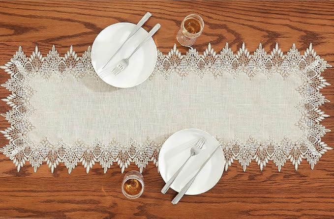 Natural Linen Table Runner 48 inches Beige Lace Coffee Table Runners | Beige - Image 3