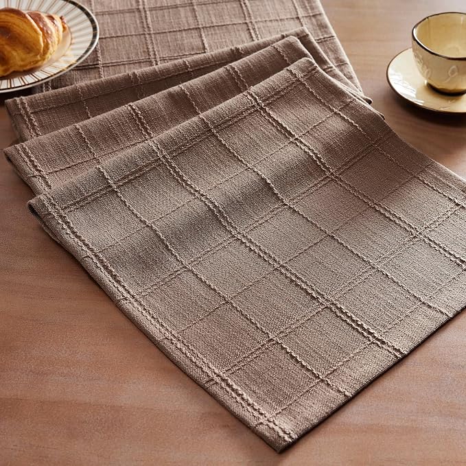 Linen Checked Farmhouse Table Runner, 13x90 Inches Cocoa Brown | Raised Grid by ZEEMARTONLINE