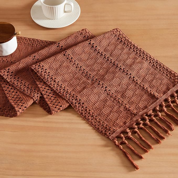 Macrame Style Boho Table Runner, 12x60 Inch Terracotta | Woven Boho Table Runner by ZEEMARTONLINE