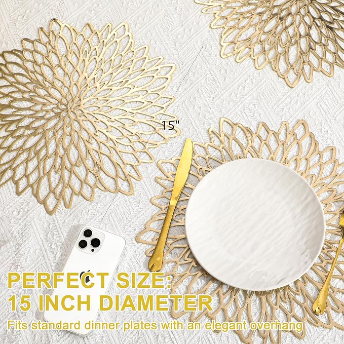 Set of 6 Round Placemats Gold, Heat-Resistant PVC Table Mats - Image 5