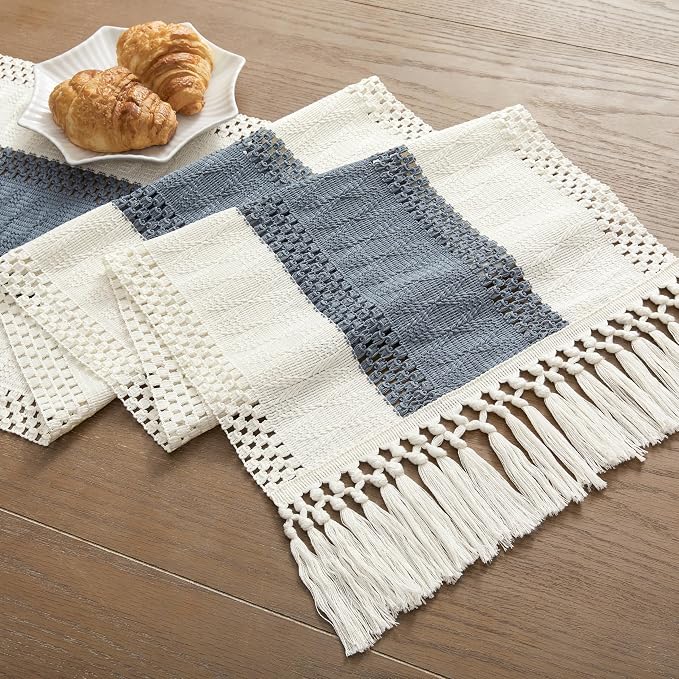 Macrame Style Bicolor Stitching Table Runner 14x108in Navy | Woven Boho Table - Image 7