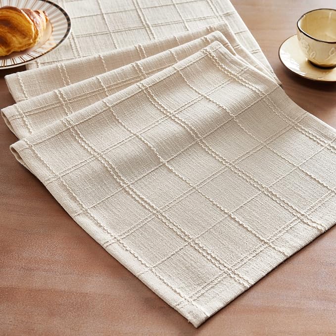 Linen Checked Farmhouse Table Runner, 13x36 Inches Neutral Beige | Raised Grid by ZEEMARTONLINE
