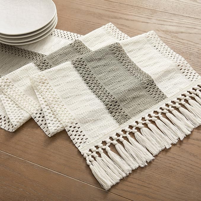 Macrame Style Bicolor Stitching Table Runner 14x48in Dark Sage | Woven Boho - Image 7