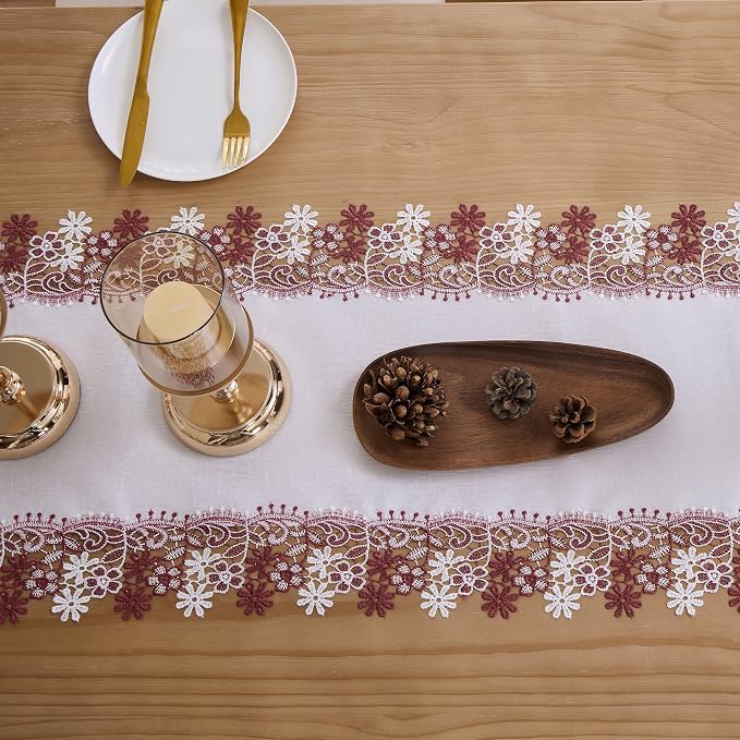 White Dark Red Floral Lace Table Runner Dresser Scarf | Dresser Scarf, Lace - Image 6