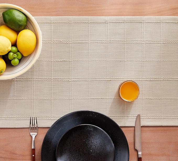 Linen Checked Farmhouse Table Runner, 13x36 Inches Neutral Beige | Raised Grid - Image 7