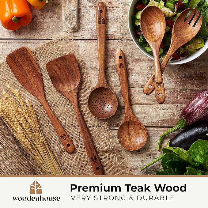 Wooden Spoons for Cooking, Teak Wood Kitchen Utensil Set – Multipack | - Image 2