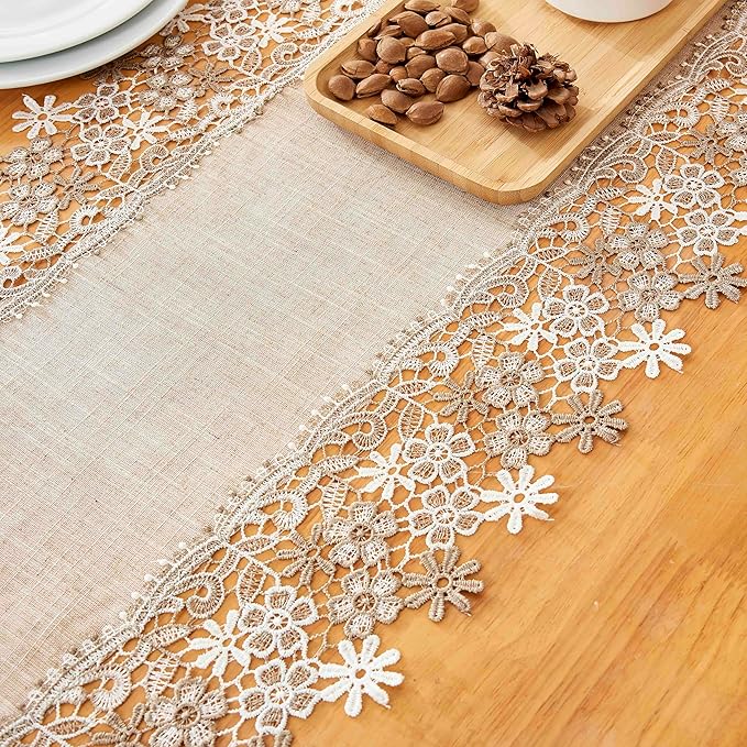 Natural Beige Floral Lace Table Runner Dresser Scarf | Rustic Farmhouse Style - Image 6
