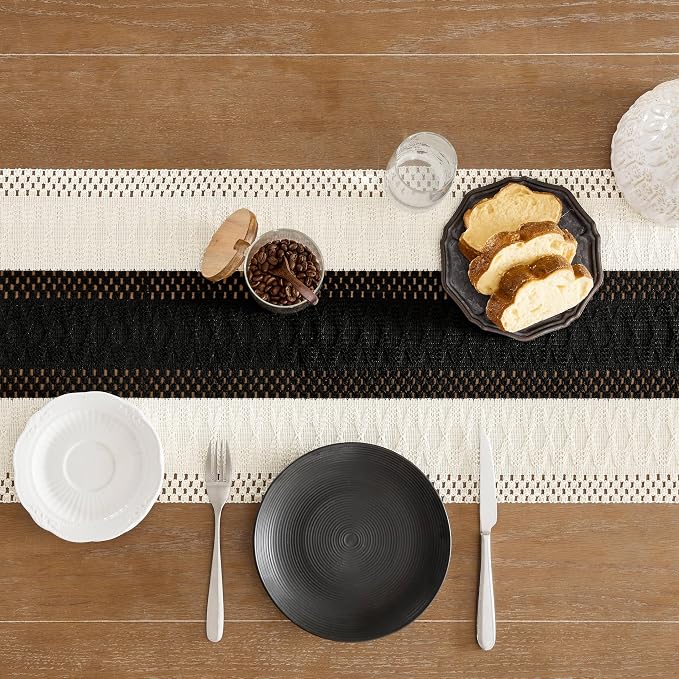 Macrame Style Bicolor Stitching Table Runner 14x90in Black | Woven Boho Table - Image 5
