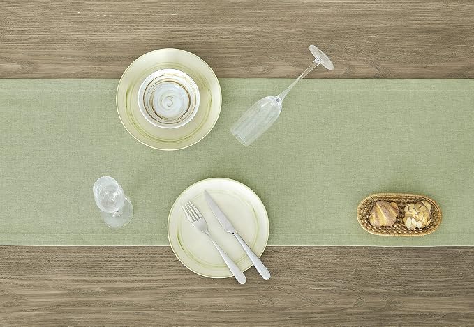 Basic Linen Style Table Runner, 14x60 Inch Sage Green | Mitered Corner Design - Image 3