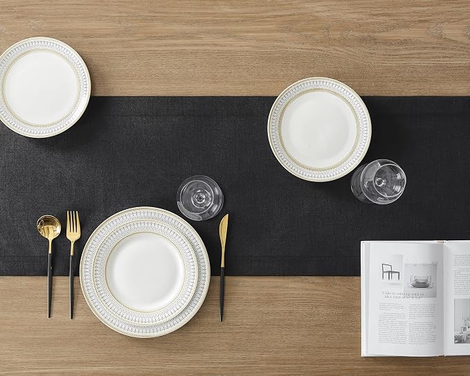 Linen Textured Border Table Runner, 14 x 48 Inch Black | Mitered Corner Design - Image 4