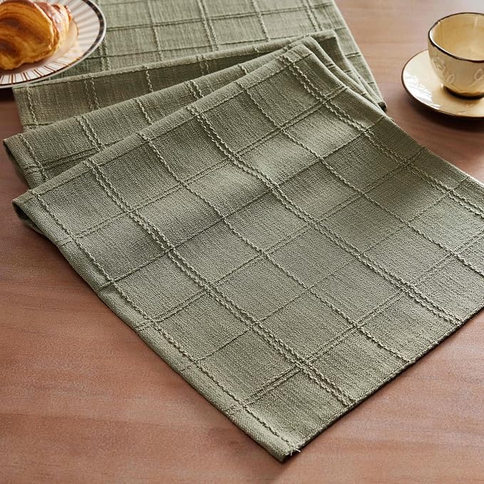 Linen Checked Farmhouse Table Runner, 13x36 Inches Olive | Raised Grid Design by ZEEMARTONLINE