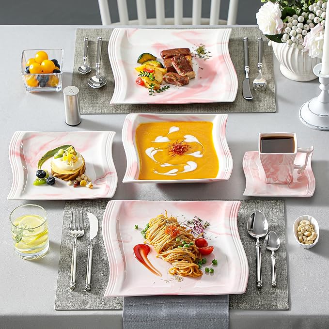 MALACASA Dinnerware Sets, 30-Piece Pink Plates and Bowls Sets - Image 3