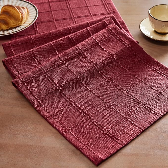 Linen Checked Farmhouse Table Runner, 13x108 Inches Burgundy | Raised Grid by ZEEMARTONLINE