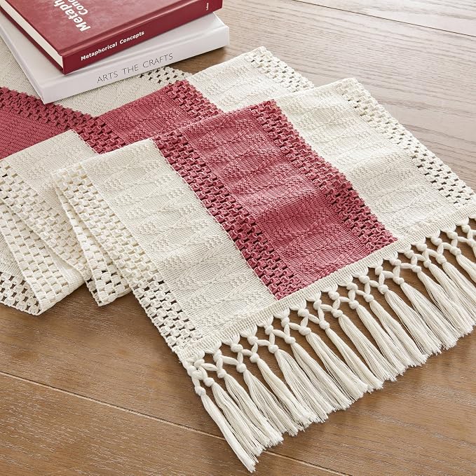 Macrame Style Bicolor Stitching Table Runner 14x108in Dusty Rose | Woven Boho - Image 7