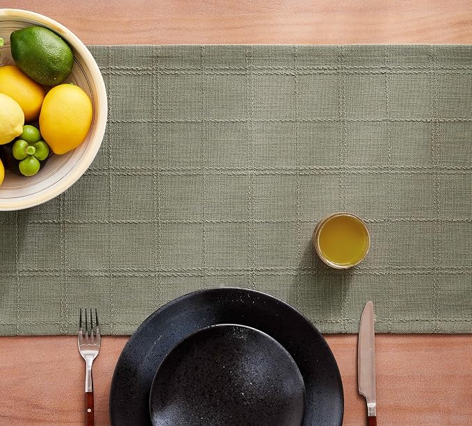 Linen Checked Farmhouse Table Runner, 13x72 Inches Olive | Raised Grid Design - Image 7