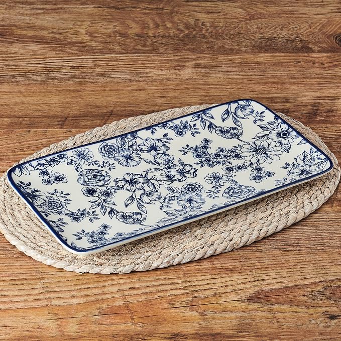 Pfaltzgraff Gabriela Blue Floral Rectangle Platter, 14.75 Inch - Image 4