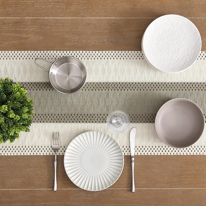 Macrame Style Bicolor Stitching Table Runner 14x72in Dark Sage | Woven Boho - Image 5