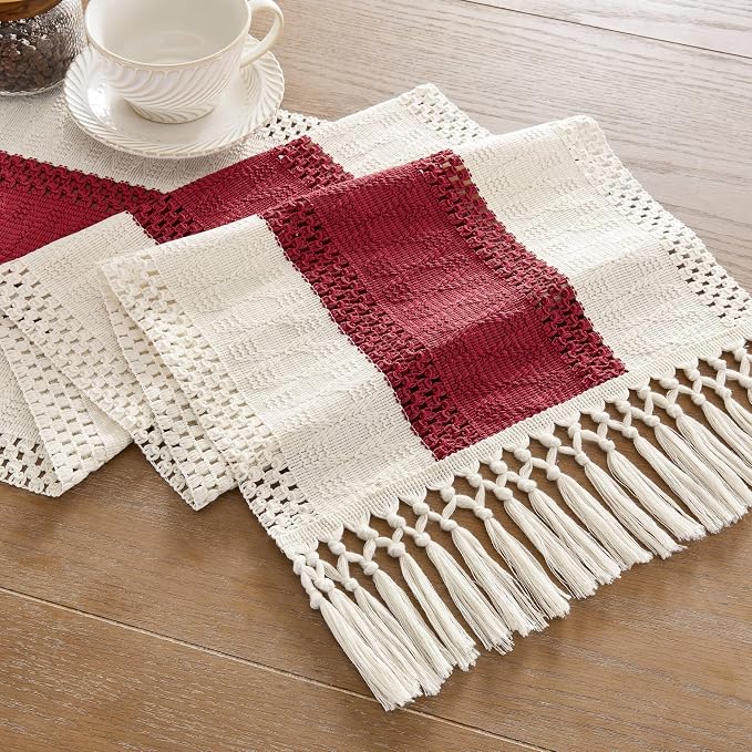 Macrame Style Bicolor Stitching Table Runner 14x60in Red | Woven Boho Table - Image 7