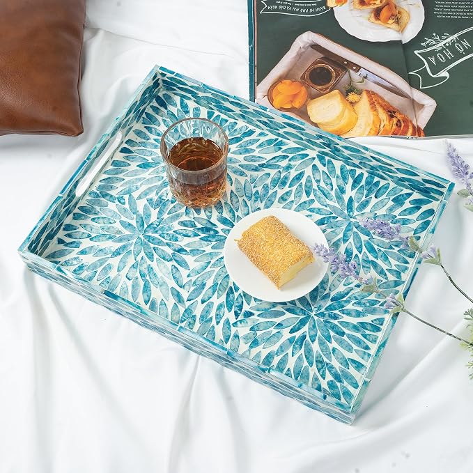 Serving Tray 15.7" X11.8", Lacquer Mother of Pearl Inlay Mosaic Tray, Rectangle - Image 6