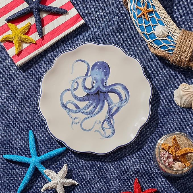 Bico Ocean Wonders Scalloped Salad Plates Set of 4, 8.75 Inch Ceramic Dessert - Image 6