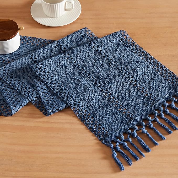 Macrame Style Boho Table Runner, 12x72 Inch Dusty Blue | Woven Boho Table Runner by ZEEMARTONLINE