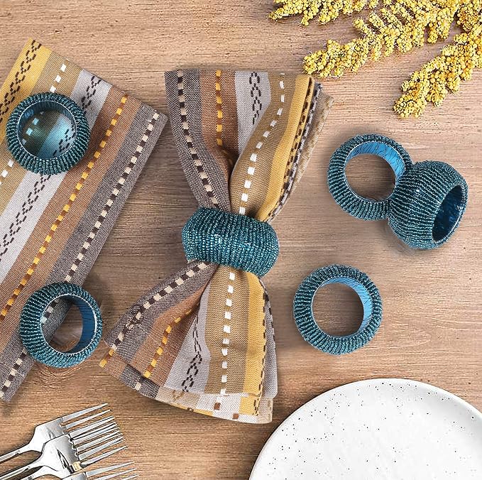 Teal Napkin Ring, Napkin Rings Set of 12, Beaded Napkin Holders, Fall Napkin - Image 3