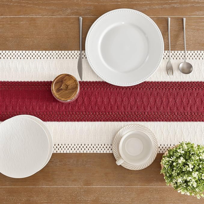 Macrame Style Bicolor Stitching Table Runner 14x72in Red | Woven Boho Table - Image 5