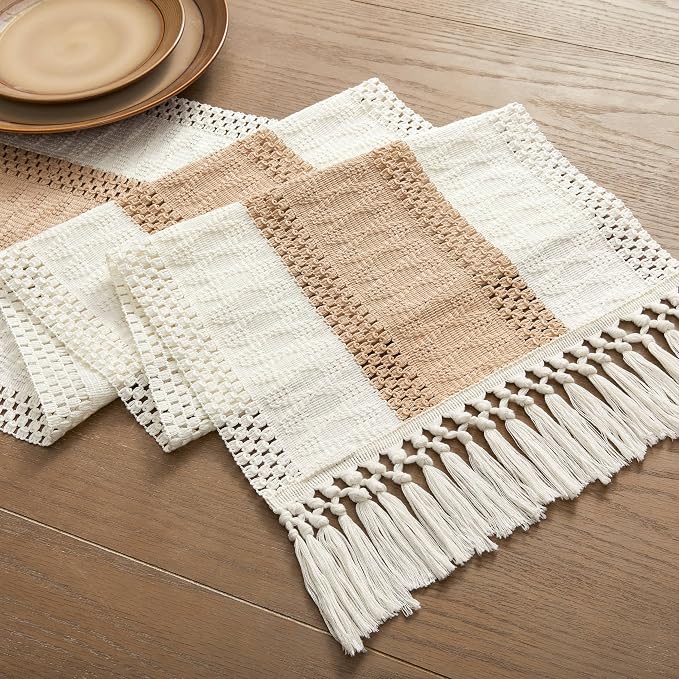 Macrame Style Bicolor Stitching Table Runner 14x48in Beige | Woven Boho Table - Image 7