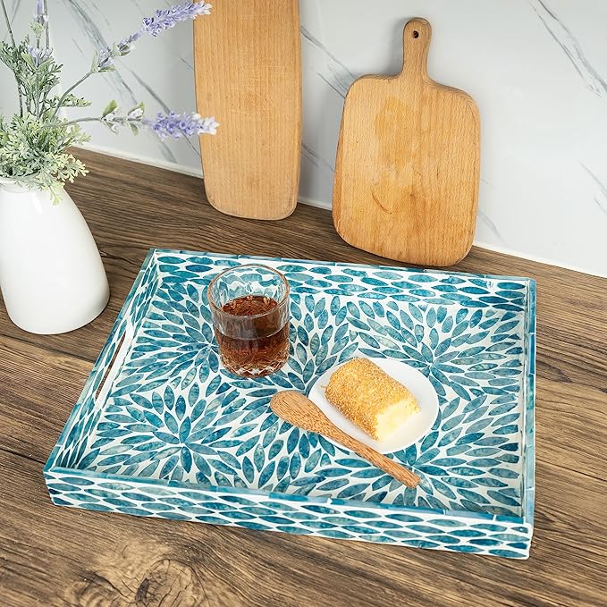 Serving Tray 15.7" X11.8", Lacquer Mother of Pearl Inlay Mosaic Tray, Rectangle - Image 5