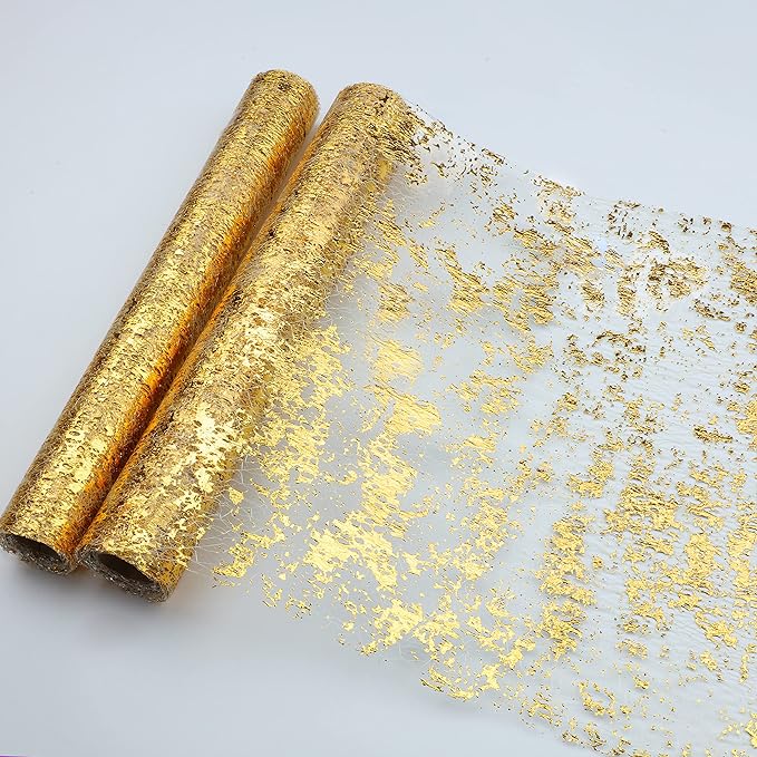 Snowkingdom 2 Pieces Gold Table Runner, Sequin Glitter Foil Metallic Thin Mesh by Snowkingdom