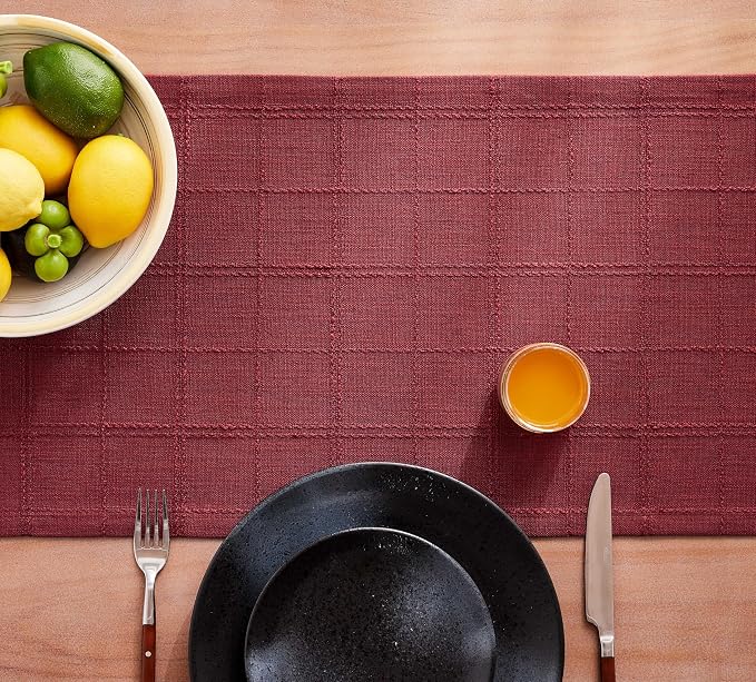 Linen Checked Farmhouse Table Runner, 13x48 Inches Burgundy | Raised Grid Design - Image 7