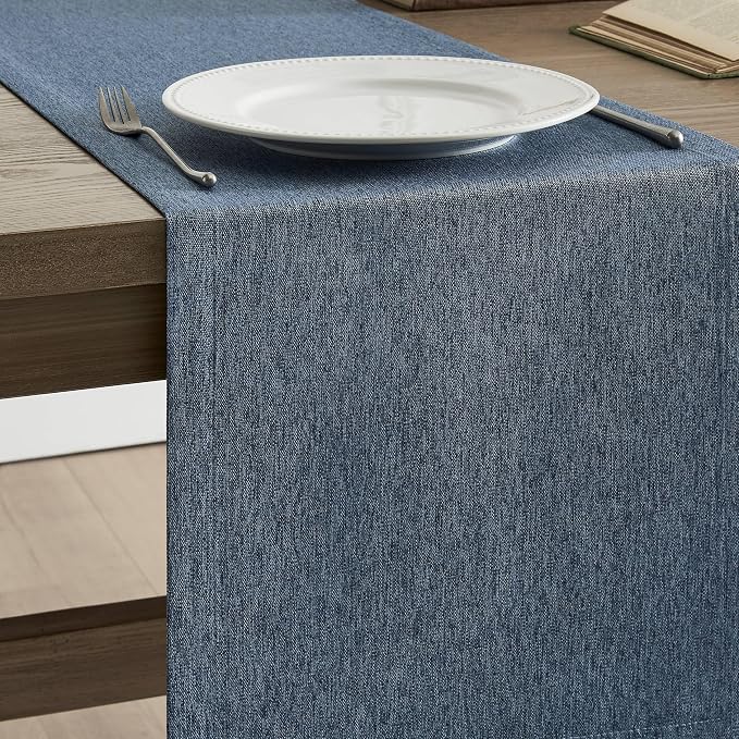 Basic Linen Style Table Runner, 14x36 Inch Navy Blue | Mitered Corner Design - Image 4
