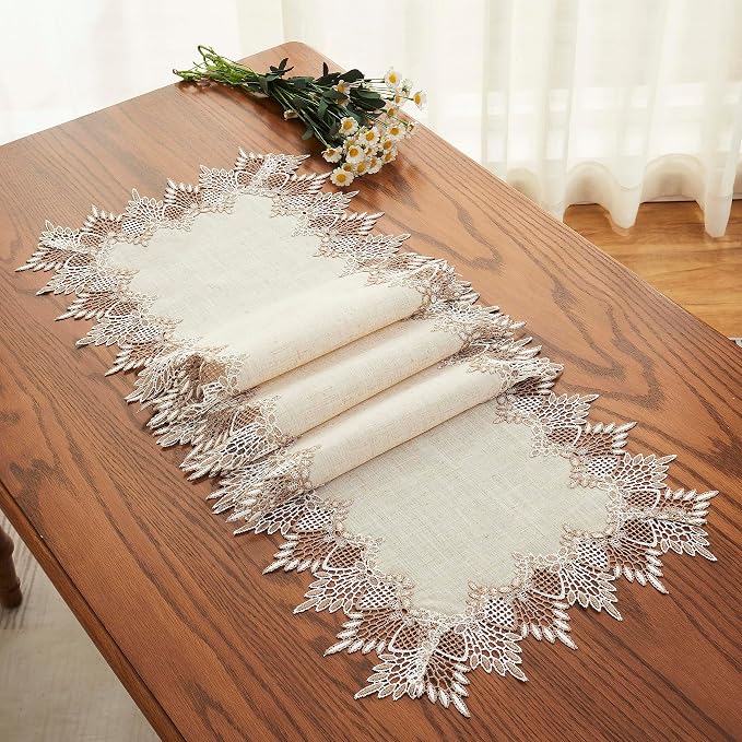 Natural Linen Table Runner 108 inches Beige Lace Coffee Table Runner | French - Image 4