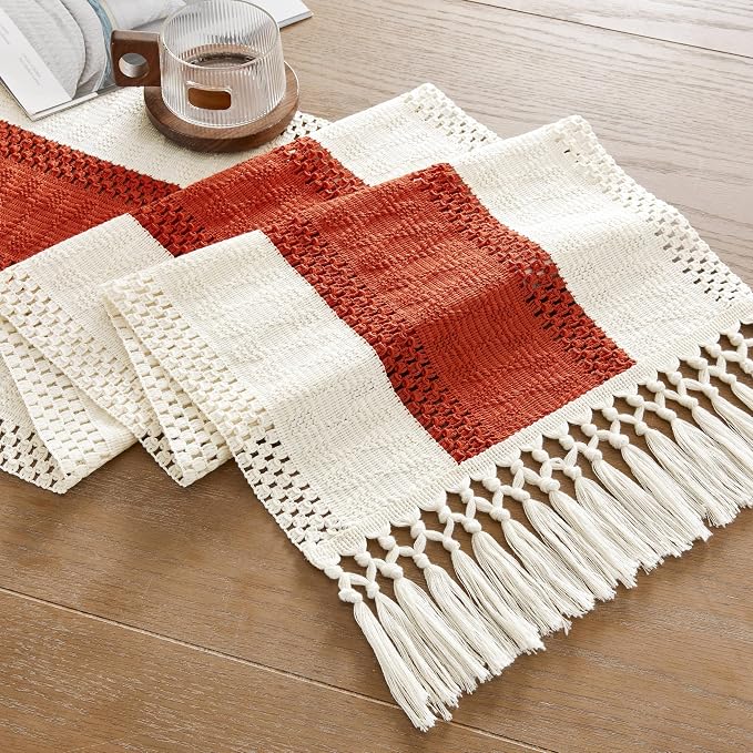 Macrame Style Bicolor Stitching Table Runner 14x108in Orange | Woven Boho Table - Image 7