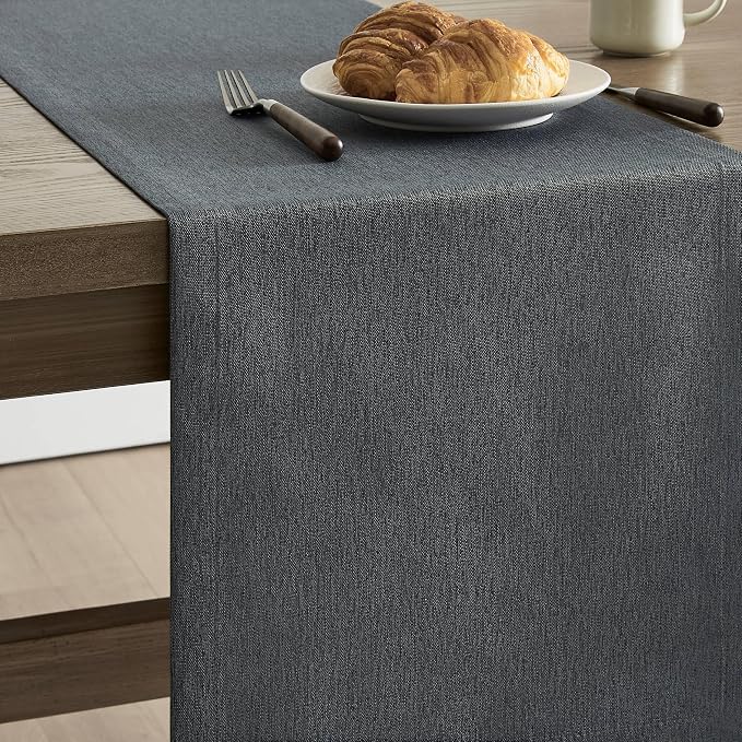 Basic Linen Style Table Runner, 14x36 Inch Charcoal | Mitered Corner Design - Image 4