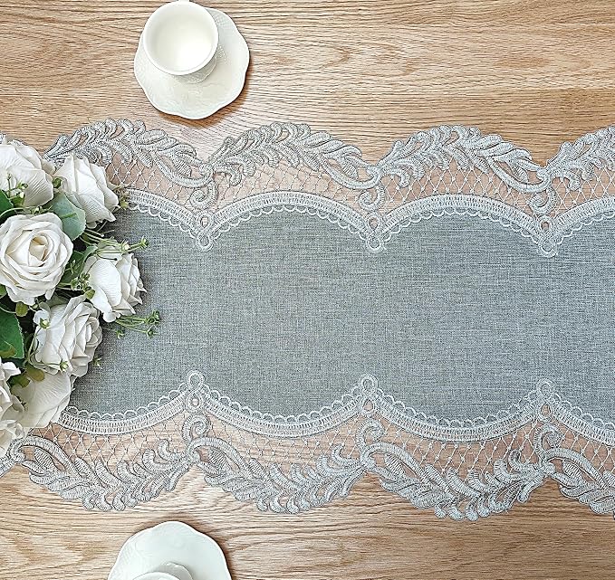 Elegant Vintage Lace Table Runner 72 inches Long Grey Silver - Image 5